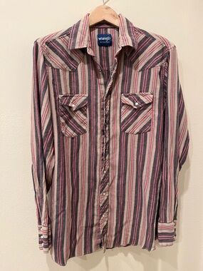Wrangler Men's Striped Button-Down Shirt in Red and Gray Tones